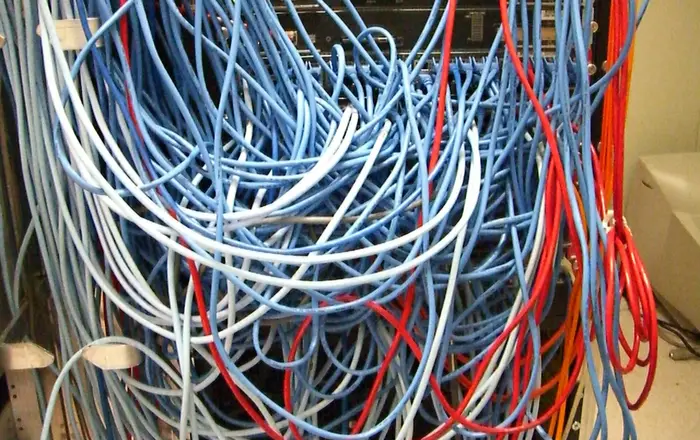 Server Rack with Spaghetti Like Mass of Network Cables